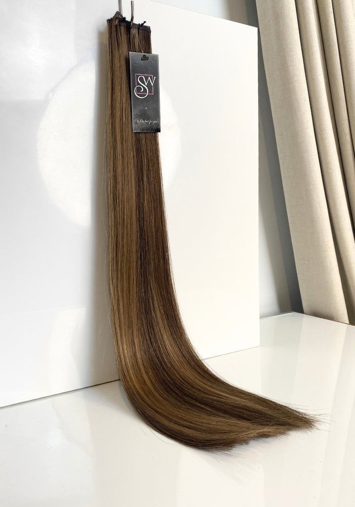 Santana’s Premium 100% Human Hair Genius Weft Extensions 22" | 100G - Santana's Wigs & Hair Extensions, LLC - 4/18 Highlighted Ash Brown