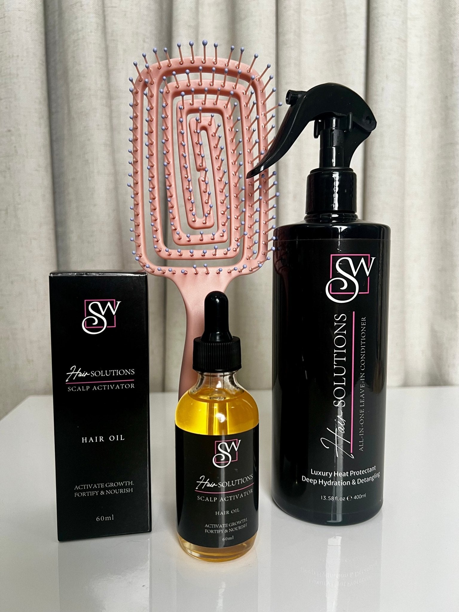 SW Hair Solutions | Hair Growth & Heat Protectant Set – Biotin Oil, Leave - In Conditioner & Detangling Brush - Santana's Wigs & Hair Extensions, LLC - 