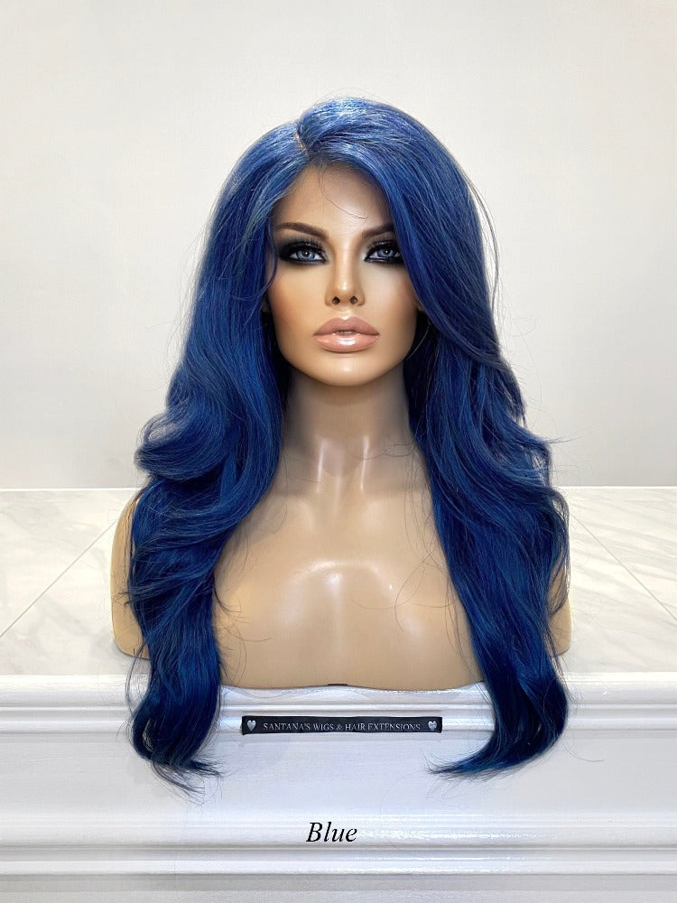 Blue wavy lace front synthetic wig with a side part 18 inches long cosplay