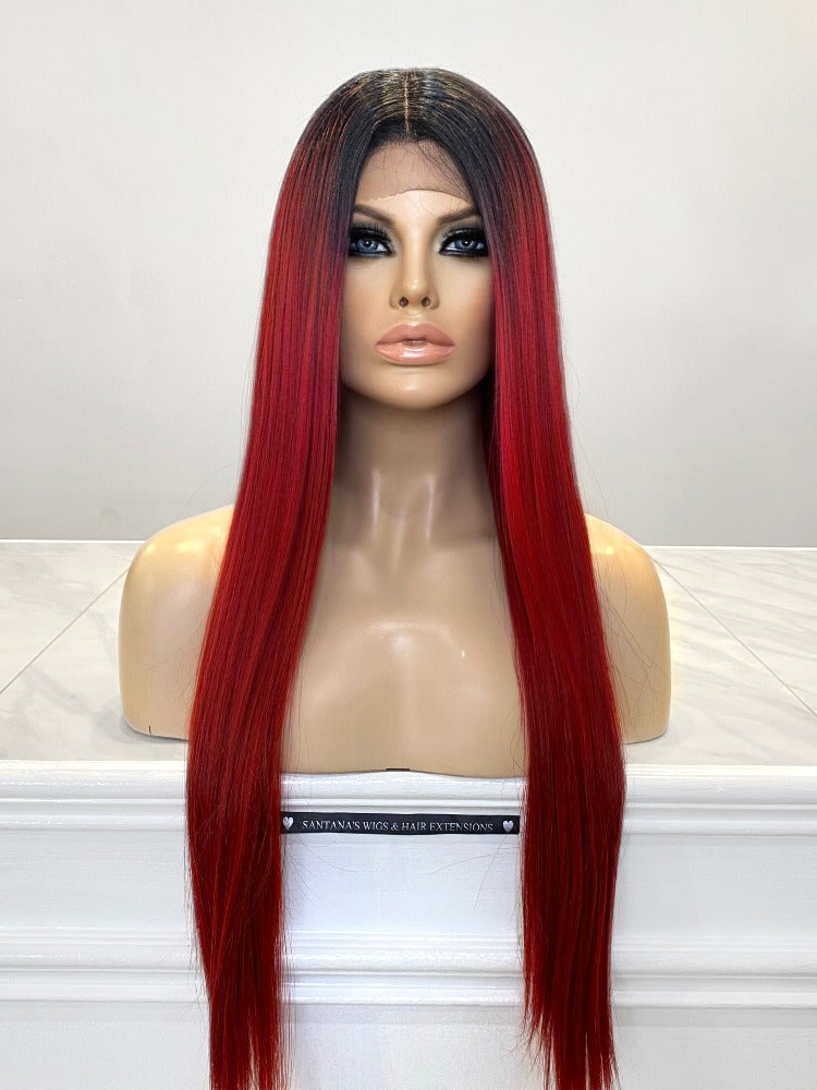Straight 24 inch long rooted red wig 